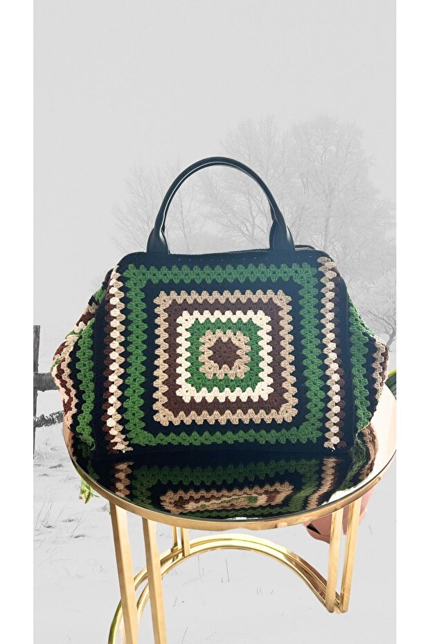 Hand Knitted Medium Size Square Motif Bag – Lined, with Pockets, Stylish and Suitable for Everyday Use
