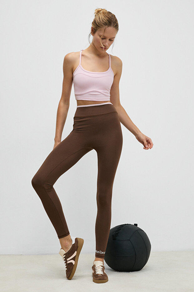 Veltren Women's Flexible and Soft Textured Contrast Piped Dark Brown Leggings