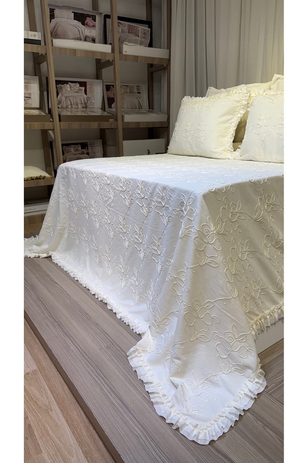 Athena Ruffle Detailed Ecru (Cream) Bedspread Pique Set 2.50*2.60