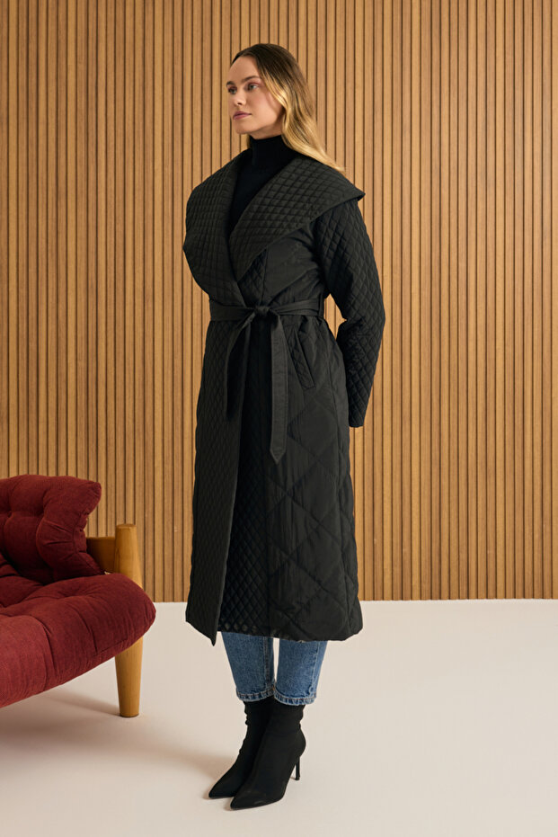 Şal Yaka Kapitone Mont - 4