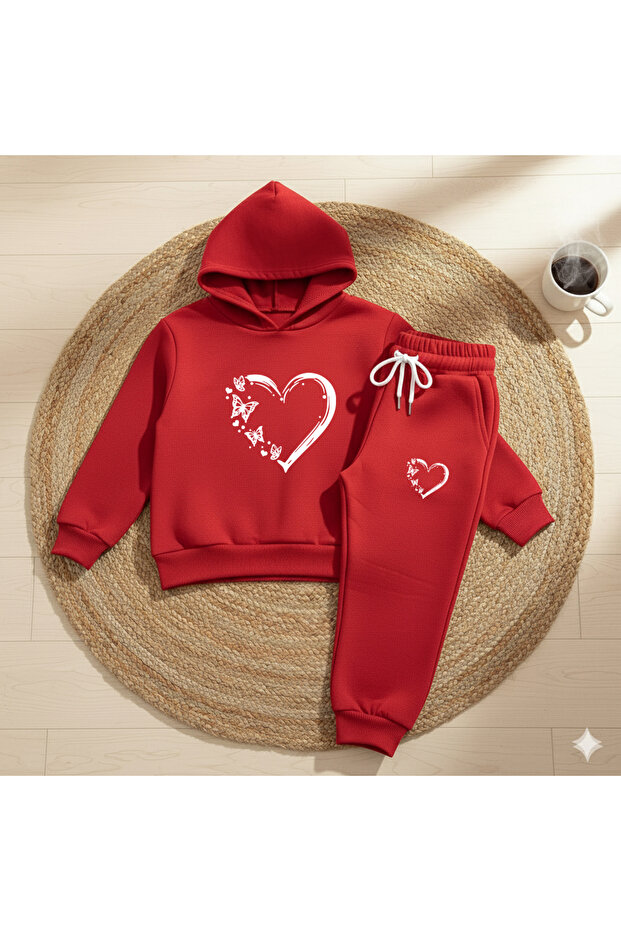 Butterfly Heart Printed Premium Kids Hooded Premium Compact Sweatshirt Tracksuit with Pockets and Drawstring