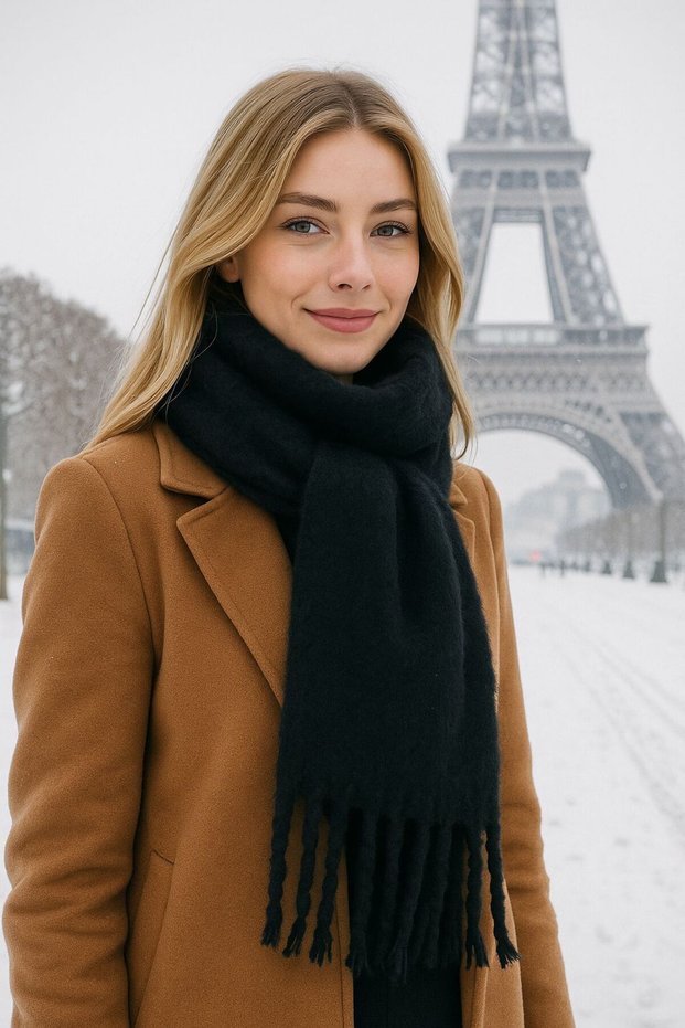 Black Soft Textured Thick Wool Puff Women's Scarf 200X40 cm