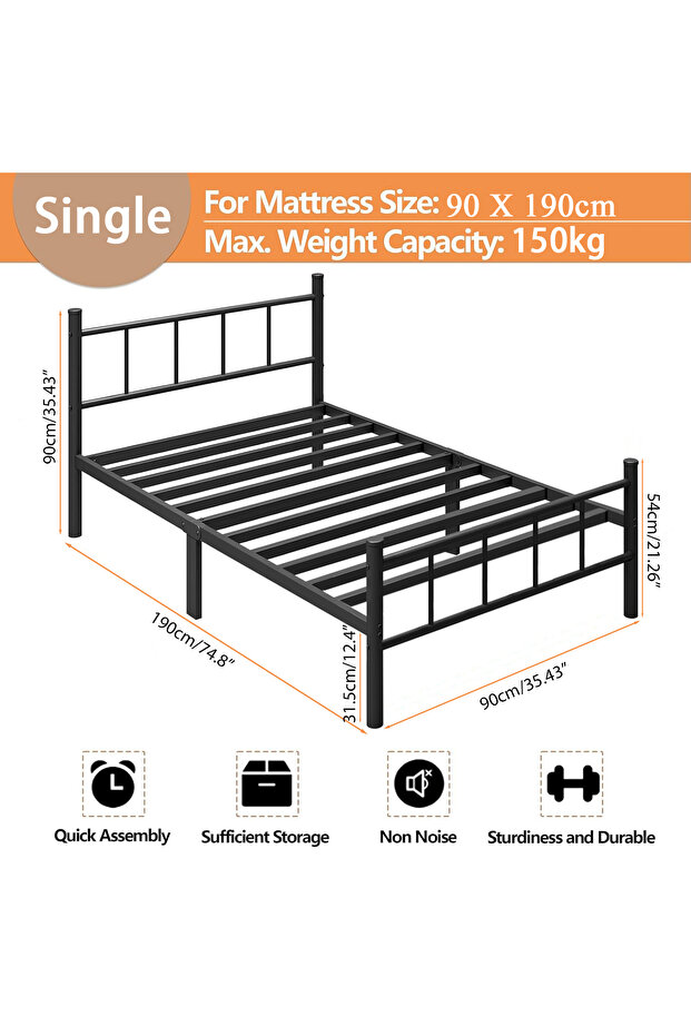 90*190cm Metal Bed Frame, Steel Slat Support with Under-Bed Storage, No Box Spring Required