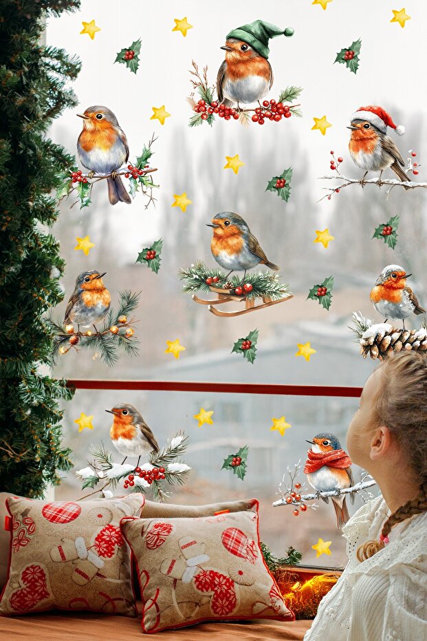 Double-Sided Christmas Glass Sticker Set – 45 Pieces Christmas Birds Set – New Year Decoration