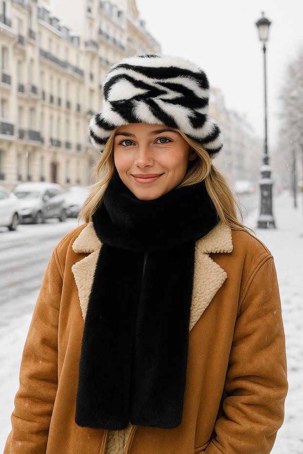 Black Zebra Patterned Soft Textured Plush Hat Neck Collar Set of 2