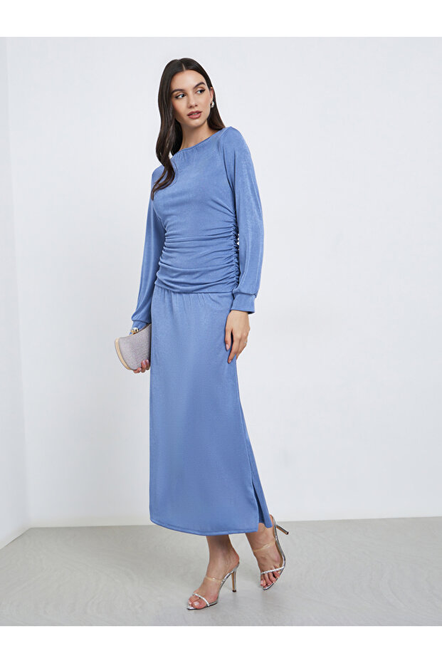 Blue Gathered Detail Long Sleeve Midi Dress