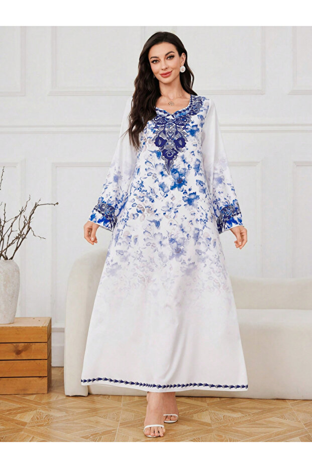 Floral Print Long Sleeve Maxi Jalabiya