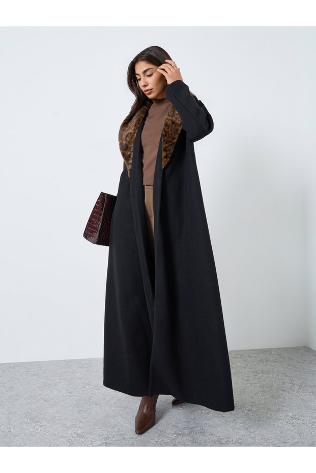 Black Wool Like Abaya with Animal Print Faux Fur Collar