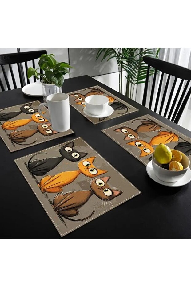 4Pcs Cat Pattern Woven Polyester Single Sided Printed Table Mat Set - 1