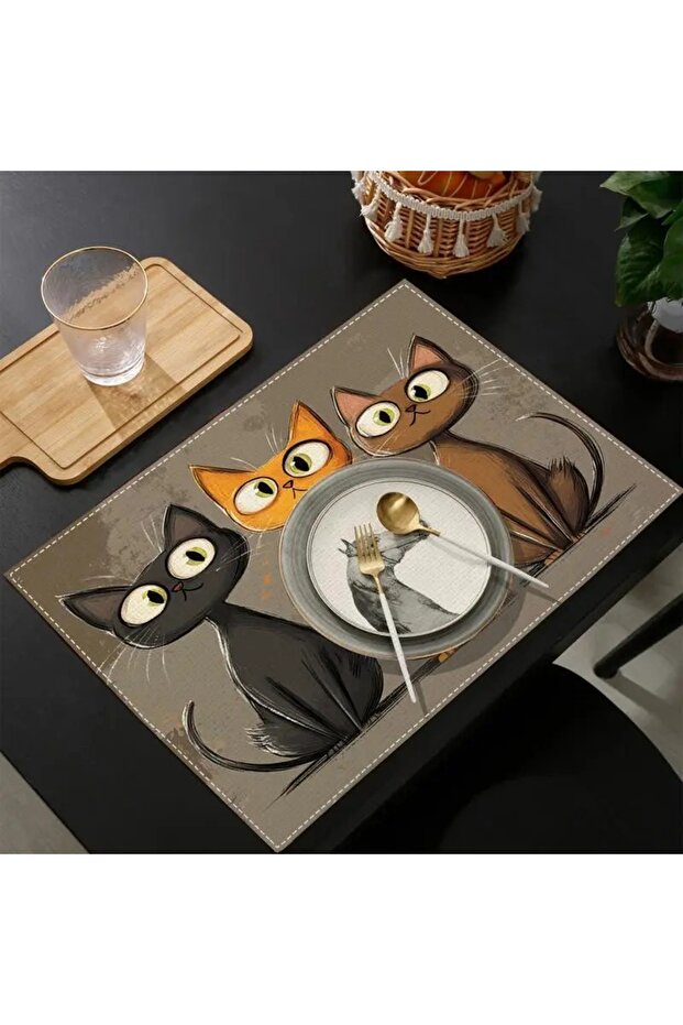 4Pcs Cat Pattern Woven Polyester Single Sided Printed Table Mat Set - 3