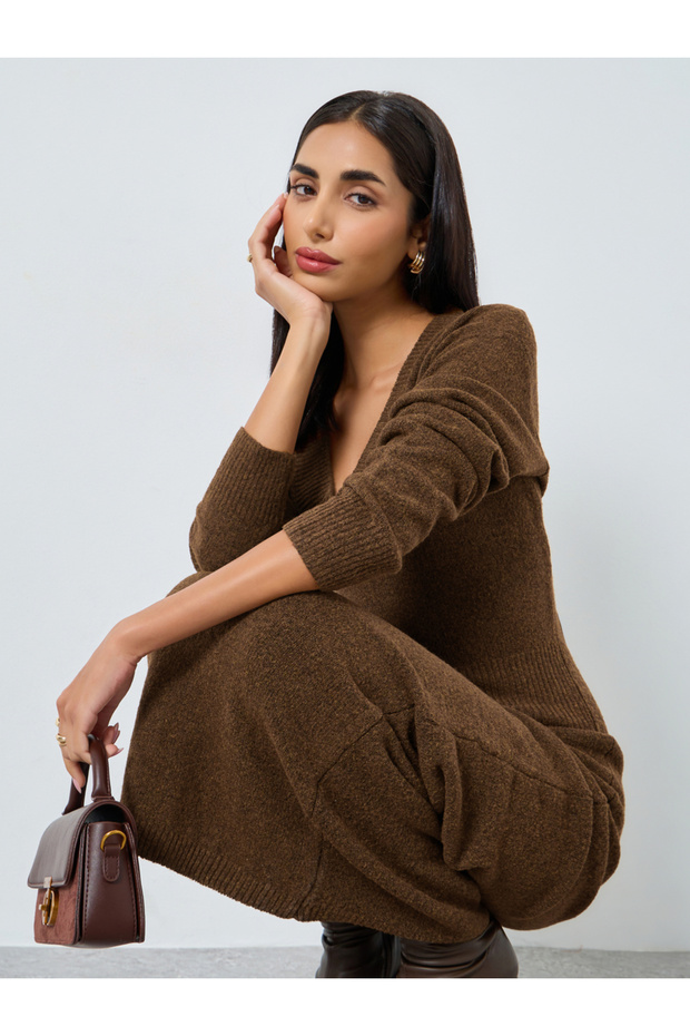Brown Knit Long Sleeves Maxi Dress