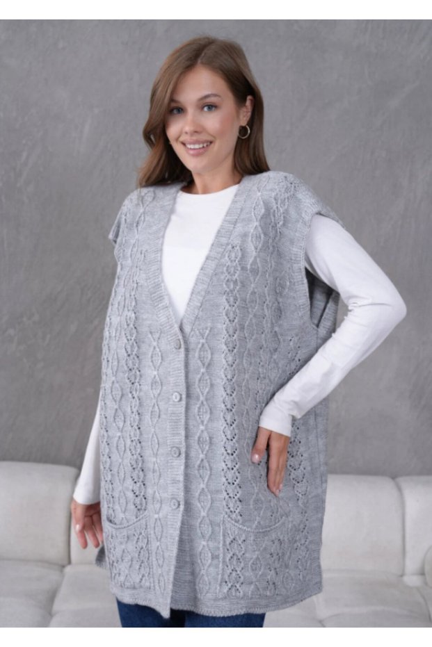 Women's Knitwear Lace-Like Knit Wool Vest with Pocket Detail