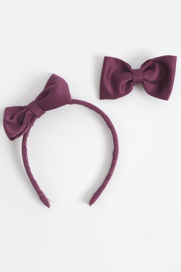 Girl's Bow Crown Hair Clip Purple Matte Satin 2-Piece Set