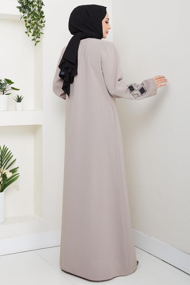 Deri İşlemeli Ferace Bej HM2849 - 4