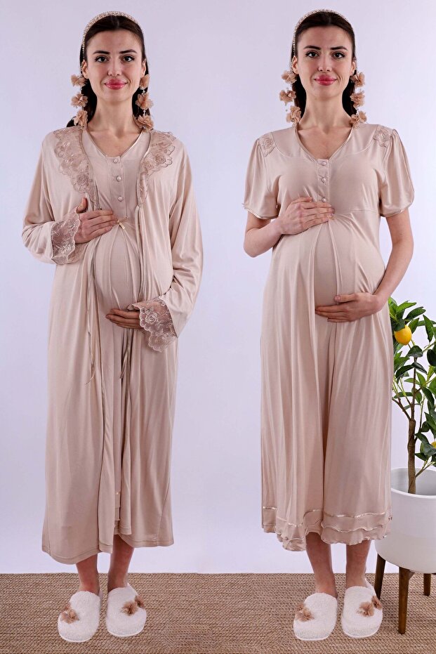 Maternity Maternity Nightgown Set with Effortt Beige Dressing Gowns