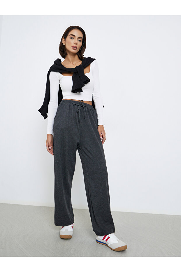 Solid Drawstring Wide Leg Joggers - 1