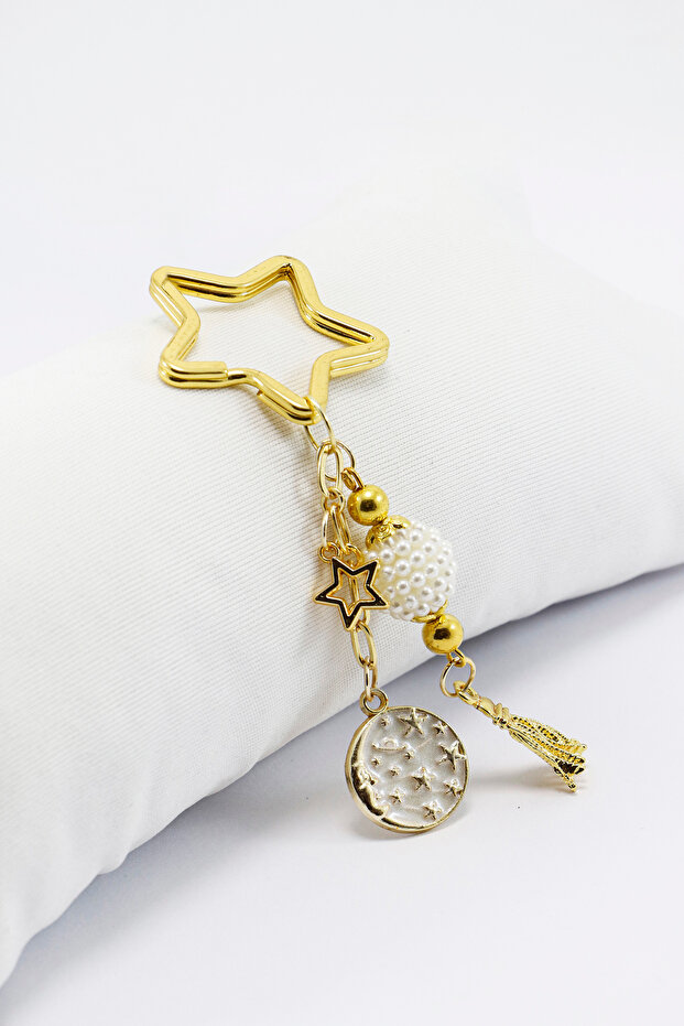 Small Keychain with Star Ring, White Pearl, and Tassel, Gift Bag Ornament