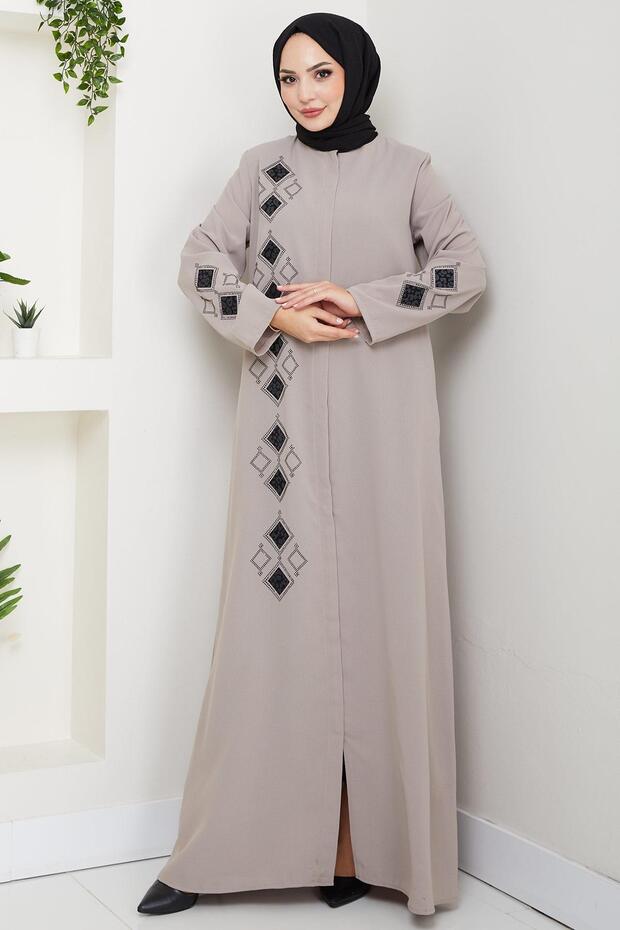 Deri İşlemeli Ferace Bej HM2849 - 1