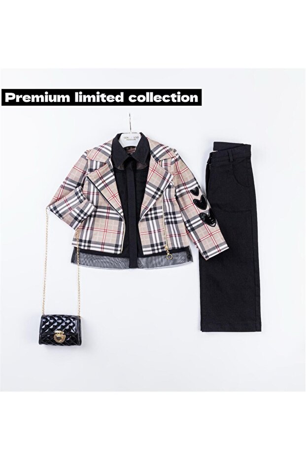 Girl's Heart Detailed Plaid Patterned Jacket – with Black Shirt – Pants and Bag 4-Piece Combination