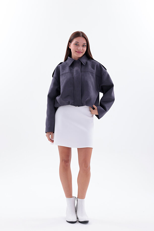 Oversize Dark Gray Suede Bomber Jacket - 3