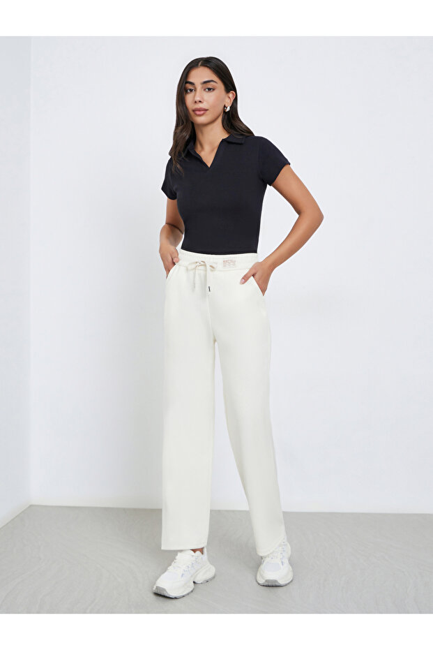 Beige Solid Wide Leg Pants with Drawstring - 1