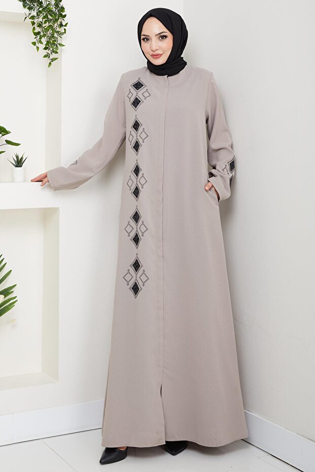 Deri İşlemeli Ferace Bej HM2849 - 2