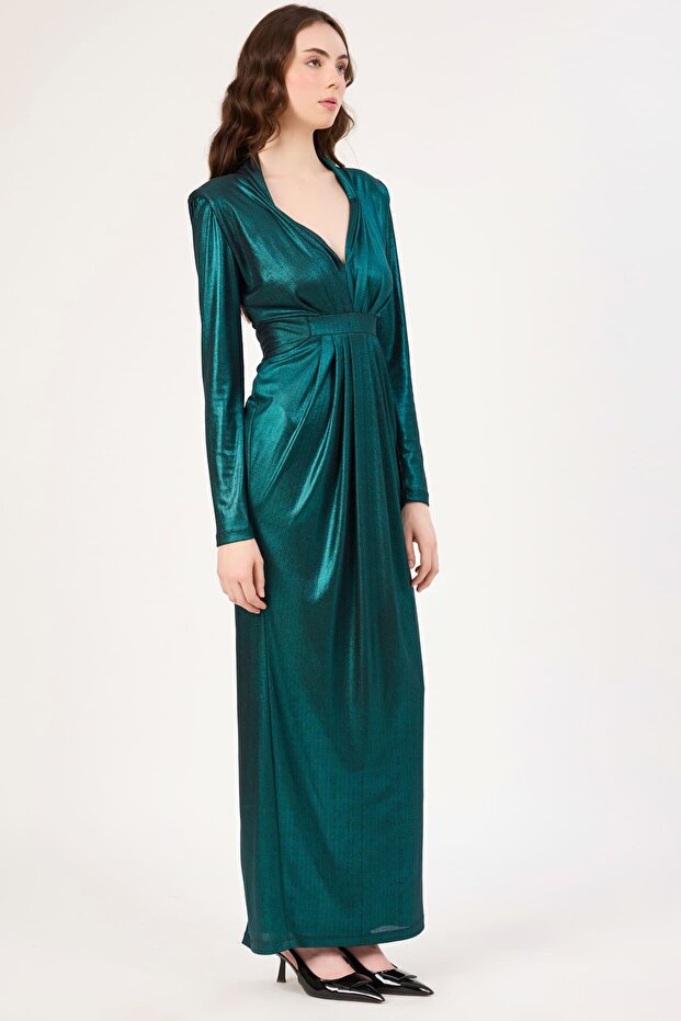 Drape detaylı abiye elbise - 4