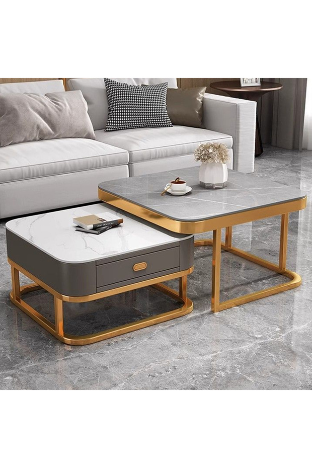 Light luxury modern simple round small apartment rock plate coffee table 70cm Grey&White&Gold