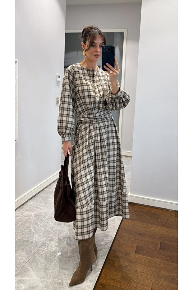 Stone Checkered Belted Long Dress - 1235