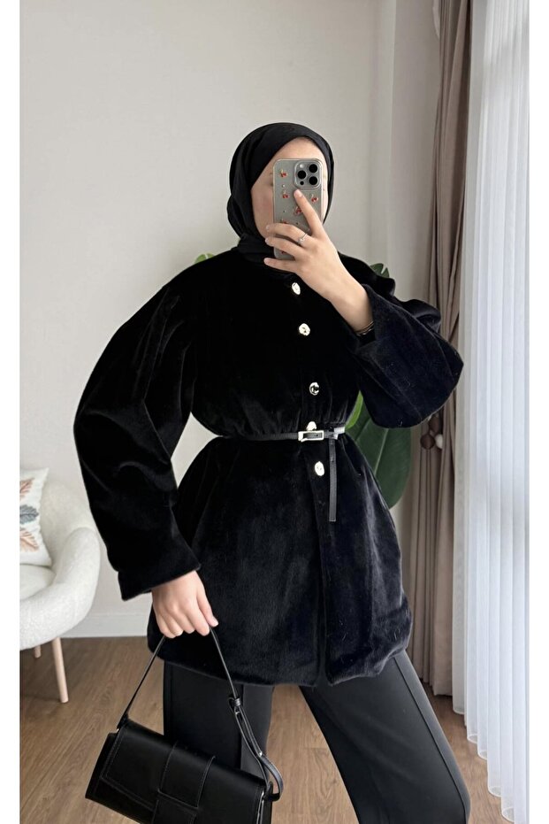 Women's Button Detailed Belted New Season Thai Feather Jacket - Black