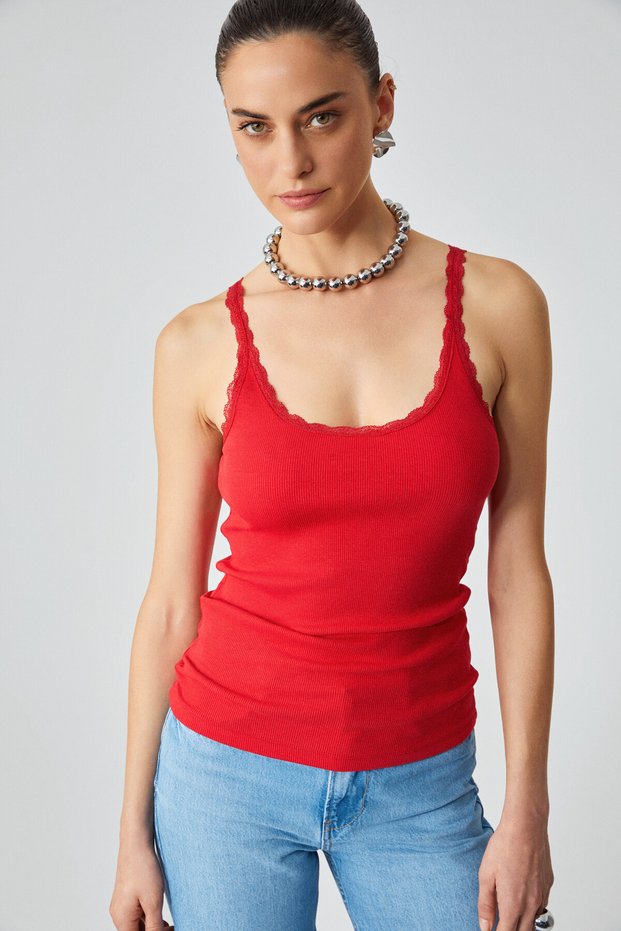 Barry women's regular fit cotton tank top with lace detail, thin straps, and scoop neck - red