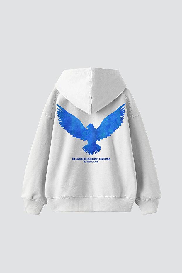 Blue Bird Printed Oversized Unisex White Hoodie