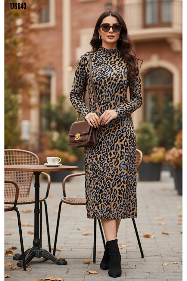 New Season Eye-Catching Patterned Women's Midi Dress Turtleneck Long Sleeve