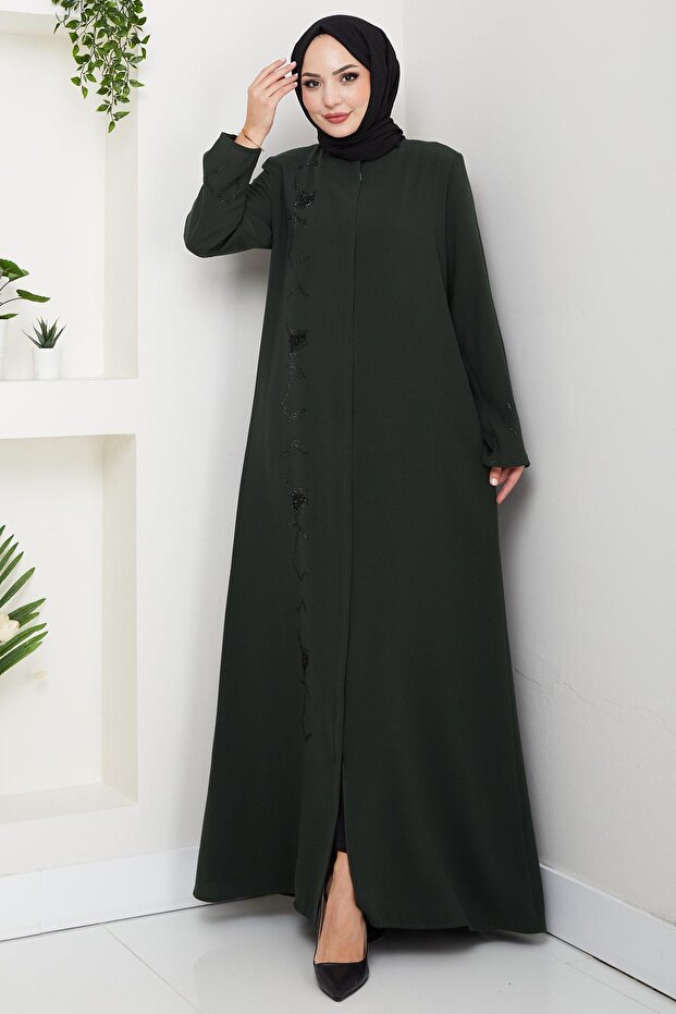Hidden Patlı Taşlı Ferace Khaki Hm2851