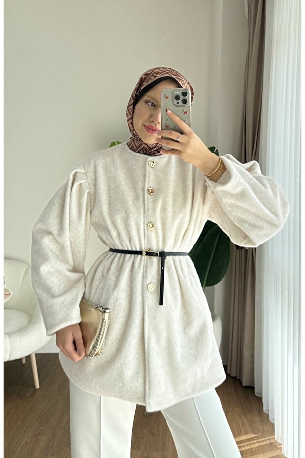 Women's Button Detailed Belted New Season Thai Feather Jacket - Cream