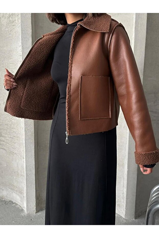 TABA LAMİNA DERİ KÜRKLÜ MONT - 2