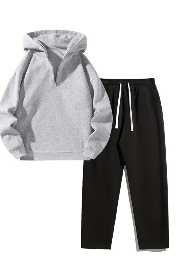 Unisex Oversized Zippered Hooded Sweatpants Jogger - Plain Basic Sweatpants Set