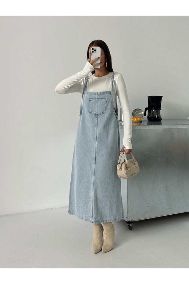 Women's Long Stone Strapped Bahçevan Denim Dress