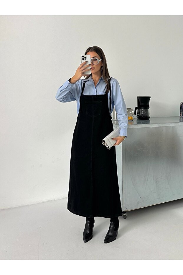 Women's Long Strappy Denim Dungaree Dress
