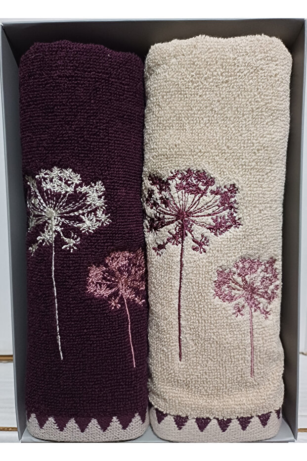 Erba Seca 2-Piece Embroidered Hand and Face Towel 50X90 cm Beige- Plum