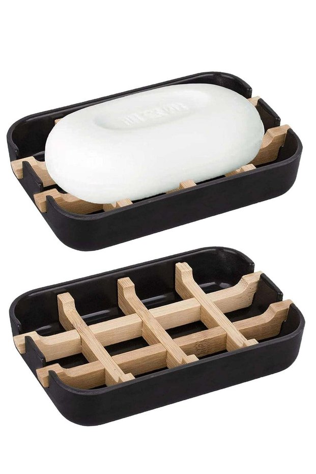 2 Pack Modern Bamboo Fiber Soap Holder & Dish Set (Removable), 5.12" L x 3" W x 0.98" H, for Kitche