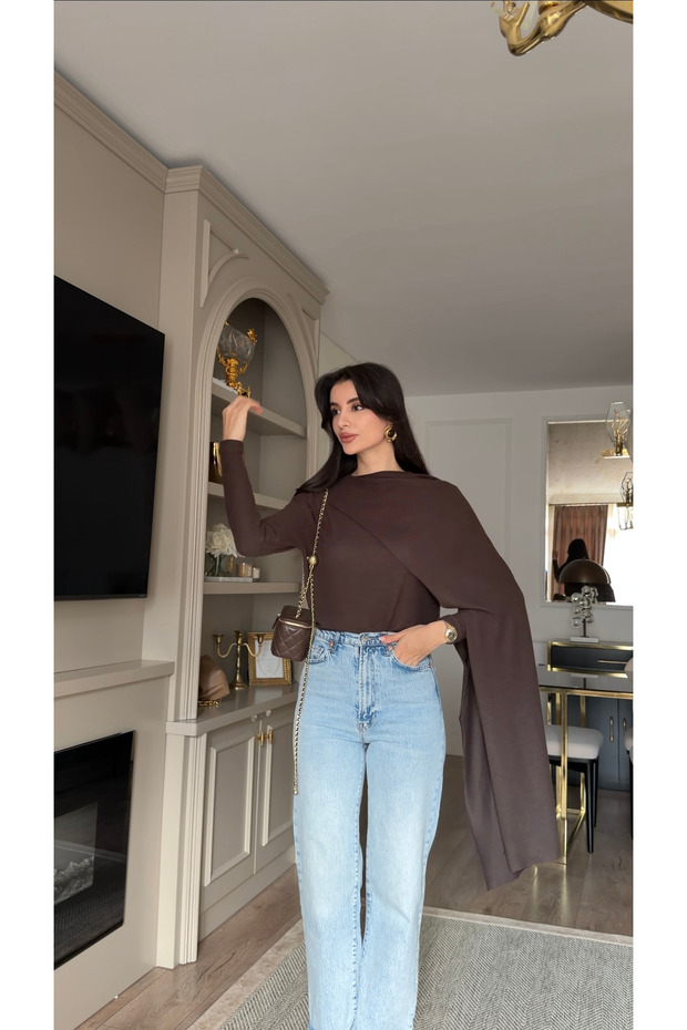 Premium Cape Detailed Brown Knit Blouse