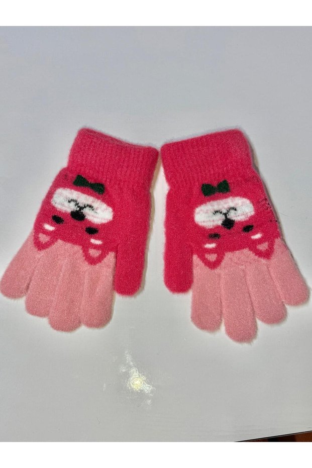 Girl's Knitted Jacquard Warm Five-Finger Gloves Cute Hug Bear Embroidered 4-8 Years Old