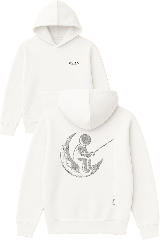 Fishing on the Moon Design Printed Oversized White Hooded Sweatshirt