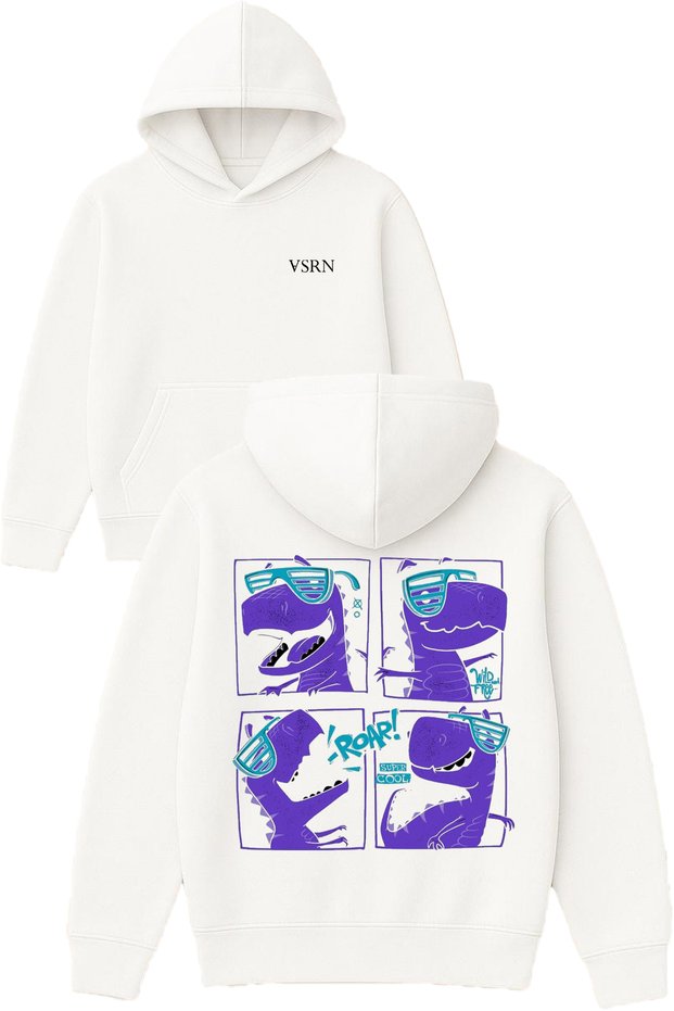 Dinosaur Design Printed Oversize White Hooded Sweatshirt