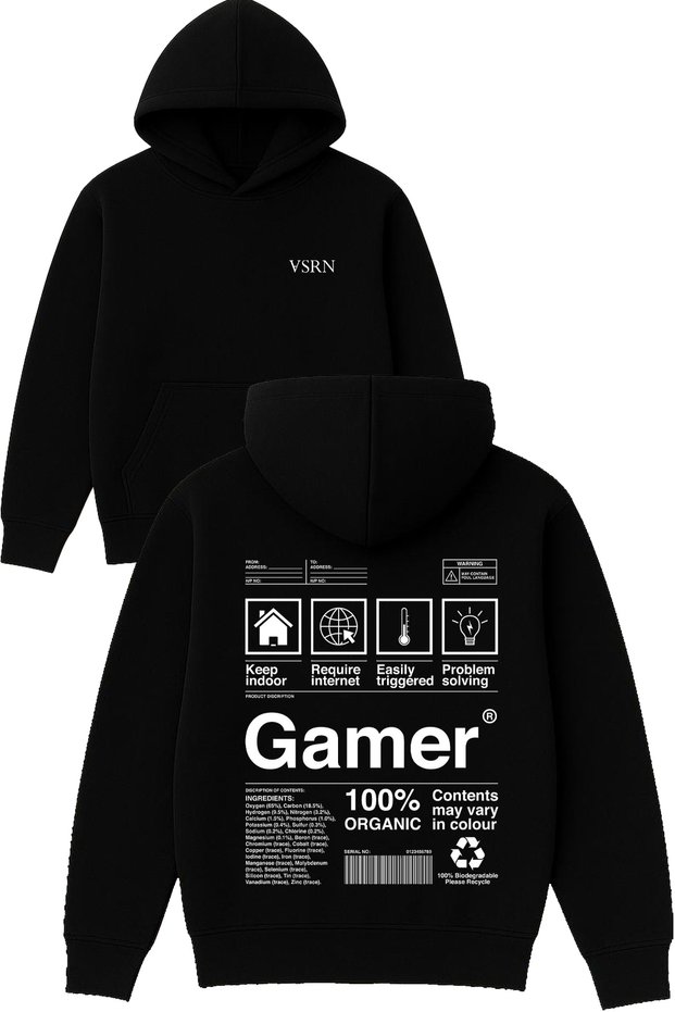 Gamer Design Printed Oversized Black Hooded Sweatshirt