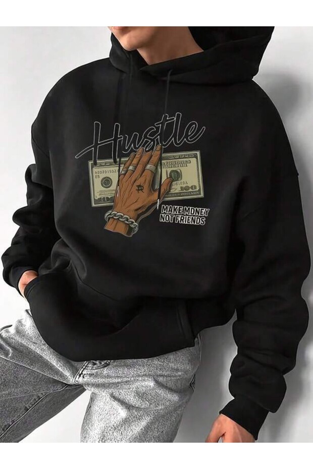 Hustle Make Money Not Friends Printed Hooded Sweatshirt