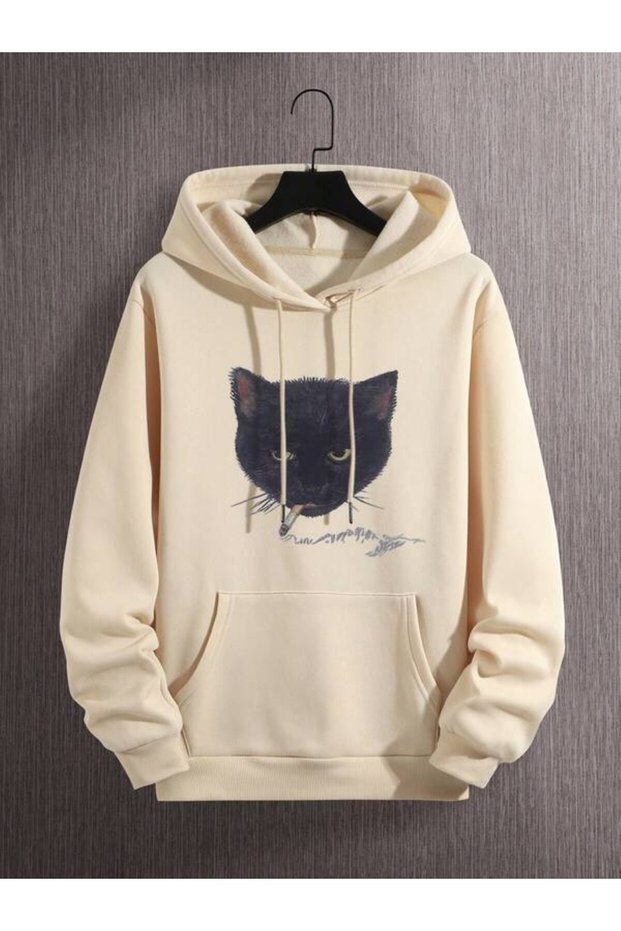 Black Cat Printed Unisex Cream Oversized Hooded Hoodie