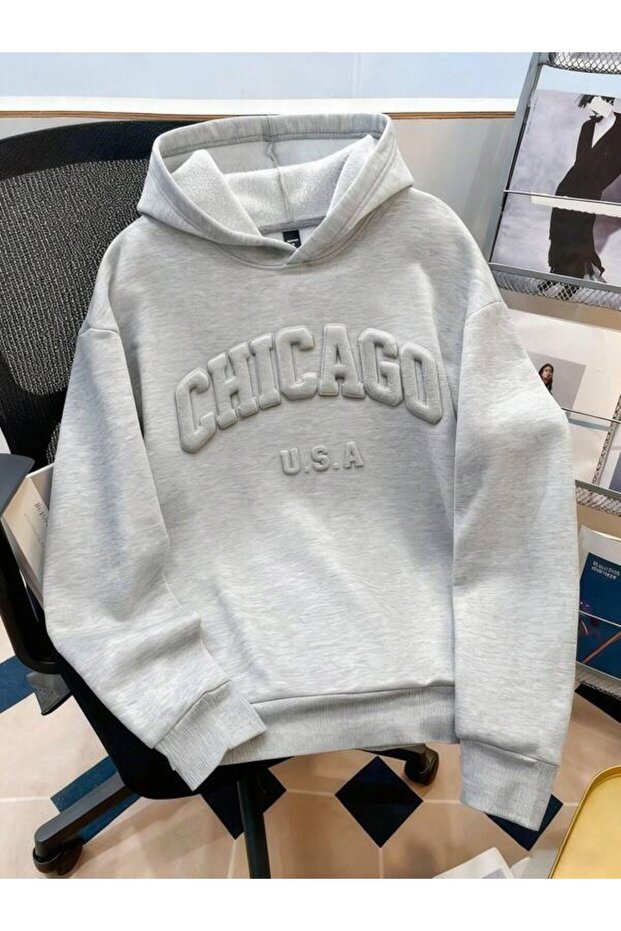 Chicago U.S.A Embossed Lettering Hooded Sweatshirt