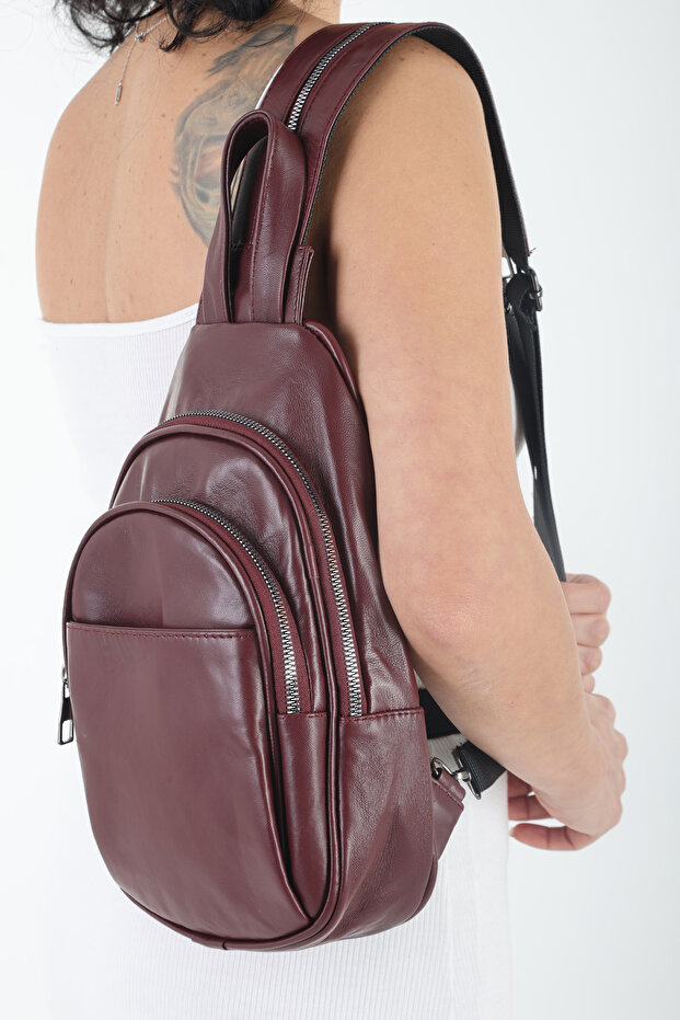 Pirinçbebe Women's Small Backpack Model Burgundy Genuine Leather Crossbody and Backpack